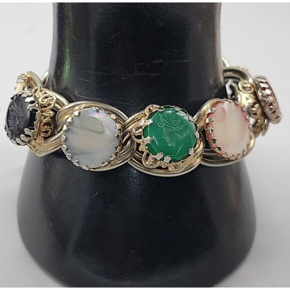 Impressed Intaglio Cabachons & Mother of Pearl Link Bracelet Silver Tone Vintage - Picture 1 of 16